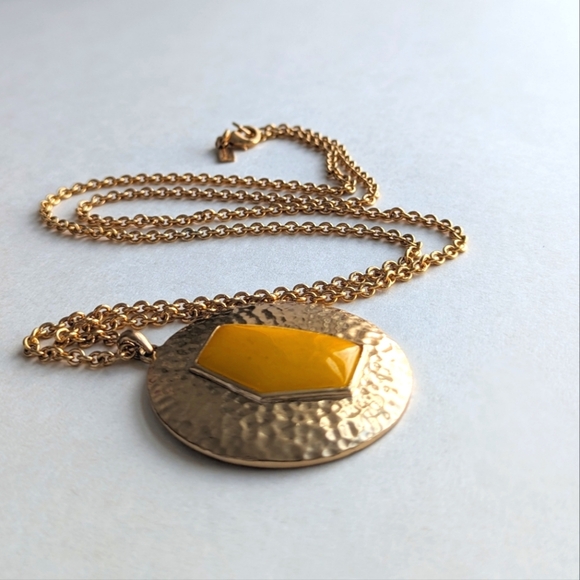 Kate Spade Gold/ Citrine Amber Circular Pendant Long Necklace Gold Chain - Picture 3 of 8